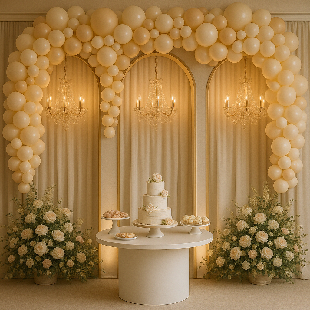 Elegant event décor with floral backdrop and lighting